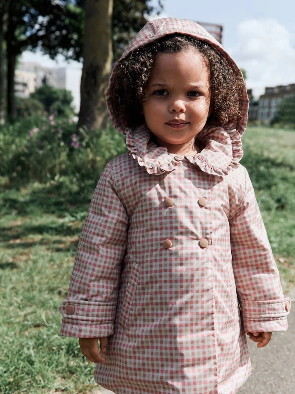 next Pink Gingham Kids Raincoat with Ruffle Collar